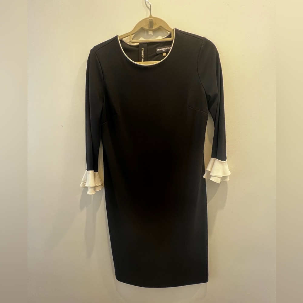 Karl Lagerfeld Black knee length dress with 3/4 length sleeves with white detail - Picture 3 of 6